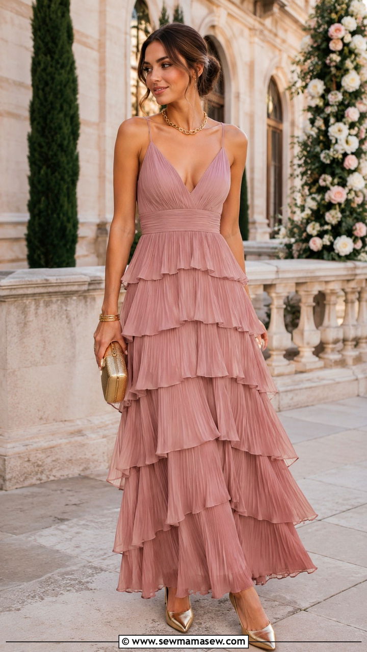 Dusty Pink Tiered Ruffle Maxi Dress with Gold Jewelry - 25 Wedding guest outfit ideas dusty pink dress
