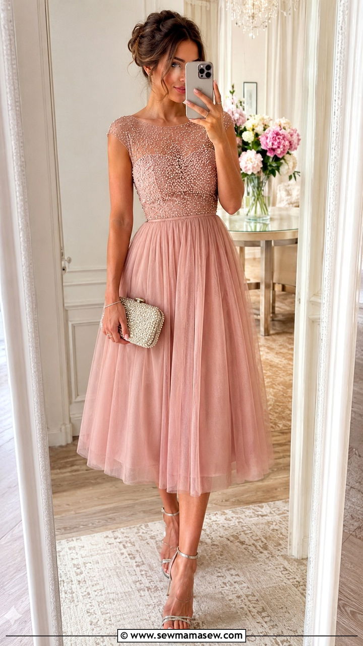 Dusty Pink Tulle Midi Dress Wedding Guest - 30 Dusty pink wedding guest dress outfit ideas