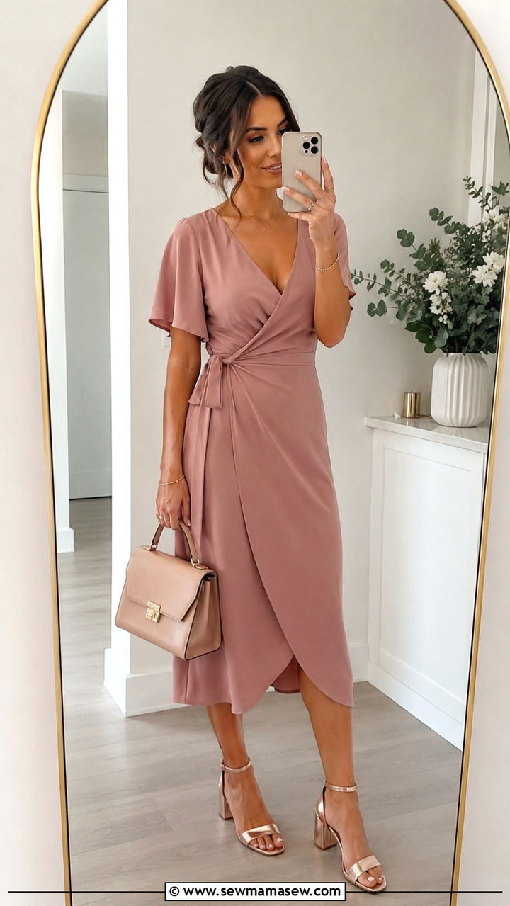 Dusty Pink Wrap Midi Dress Wedding Guest - 30 Dusty pink wedding guest dress outfit ideas