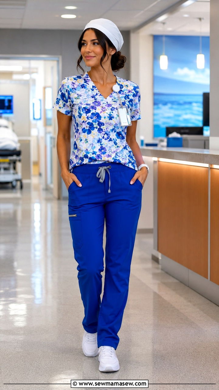 Dusty Purple Scrub Top with Black Joggers and a White Jacket - 30 Spring outfit ideas for nurse