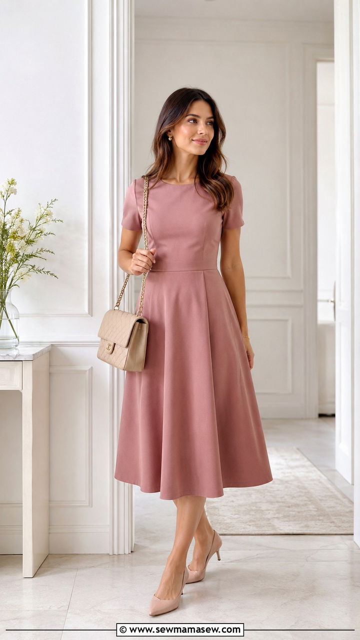 Dusty Rose A Line Midi Dress With Kitten Heels - 30 Midi dress for work outfit ideas