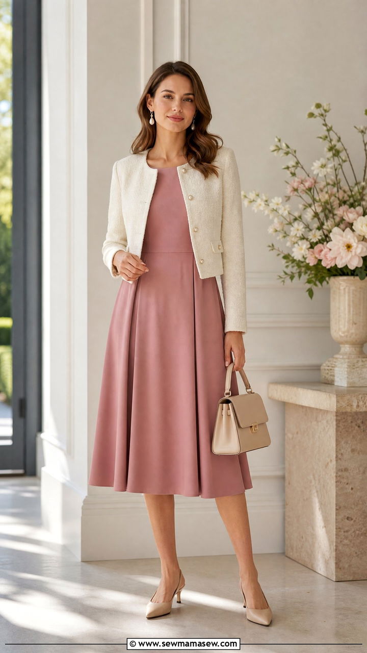 Dusty Rose A Line Midi Dress With Kitten Heels - 25 Business casual outfits with midi dress