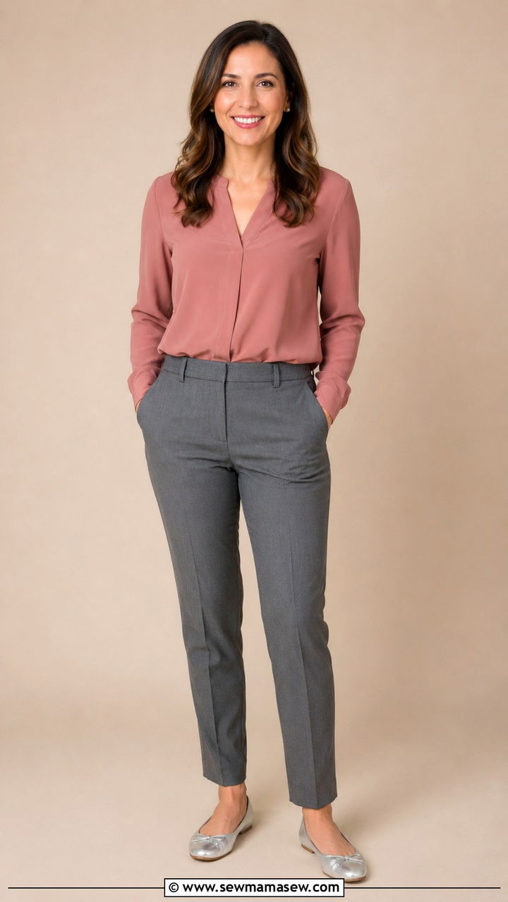 Dusty Rose Blouse and Gray Dress Pants - 30 Professional headshot outfit ideas for women