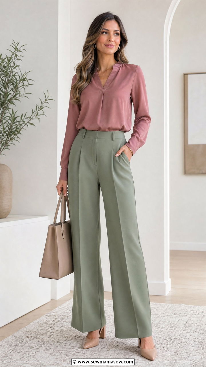 Dusty Rose Blouse and Sage Green Wide Leg Pants - 25 Green and pink outfit ideas