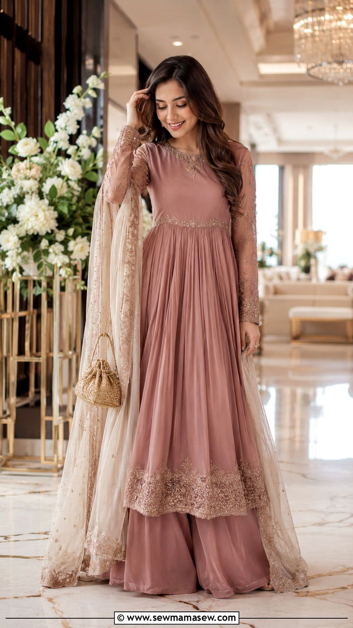 Dusty Rose Floor Length Frock With Palazzo - 25 Modest outfit ideas for Walima
