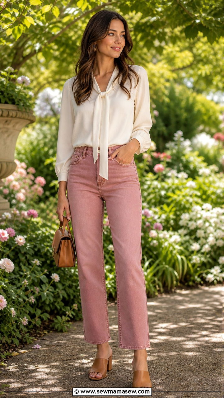 Dusty Rose Jeans With White Blouse And Tan Accessories - 40 Colored jeans outfit ideas