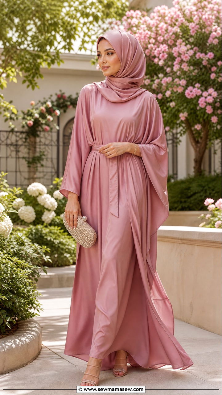 Dusty Rose Kaftan with Matching Silk Hijab - 30 Eid outfit ideas with hijab