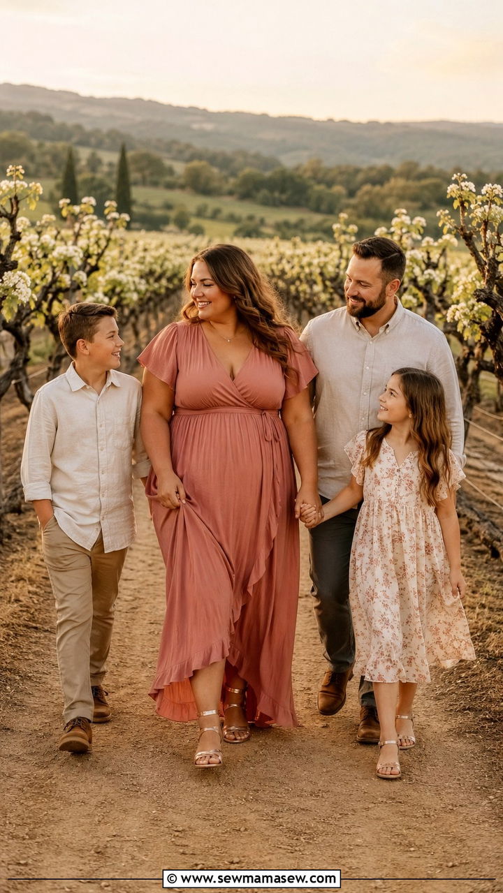 Dusty Rose Maxi Dress With Strappy Heeled Sandals - 30 Plus size outfit ideas for family photos