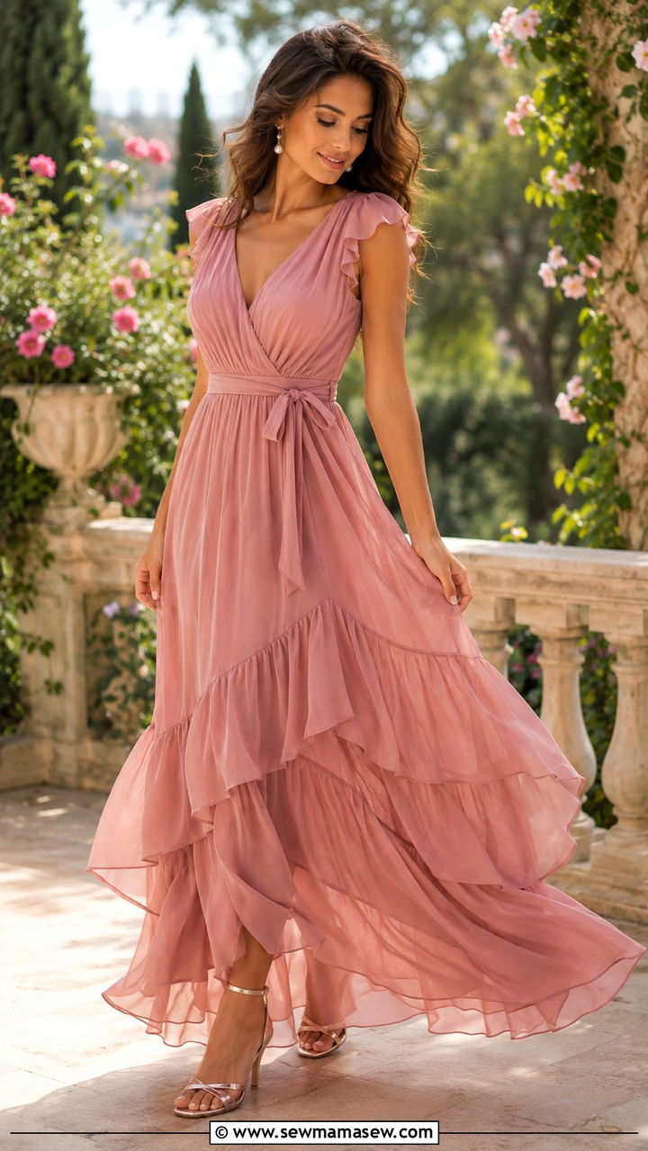 Dusty Rose Maxi Dress with Ruffled Hem - 30 modest summer wedding guest outfit ideas