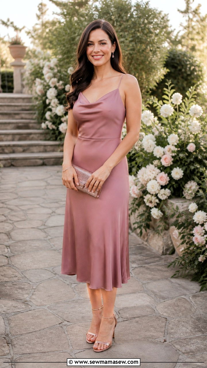 Dusty Rose Midi Dress With Metallic Sandals - 40 Garden wedding guest outfit ideas