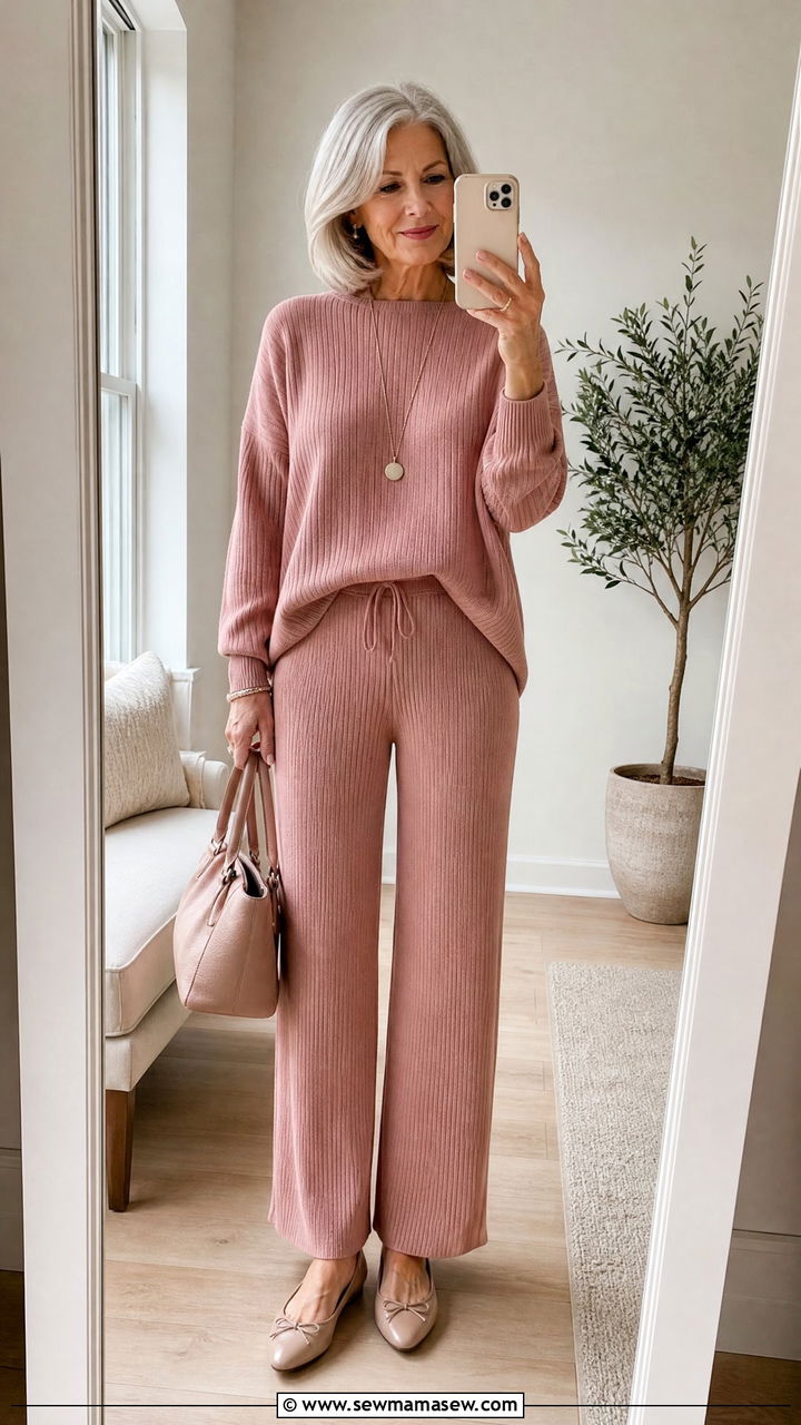 Dusty Rose Monochrome Knit Set - 30 Minimalist outfits for women over 60