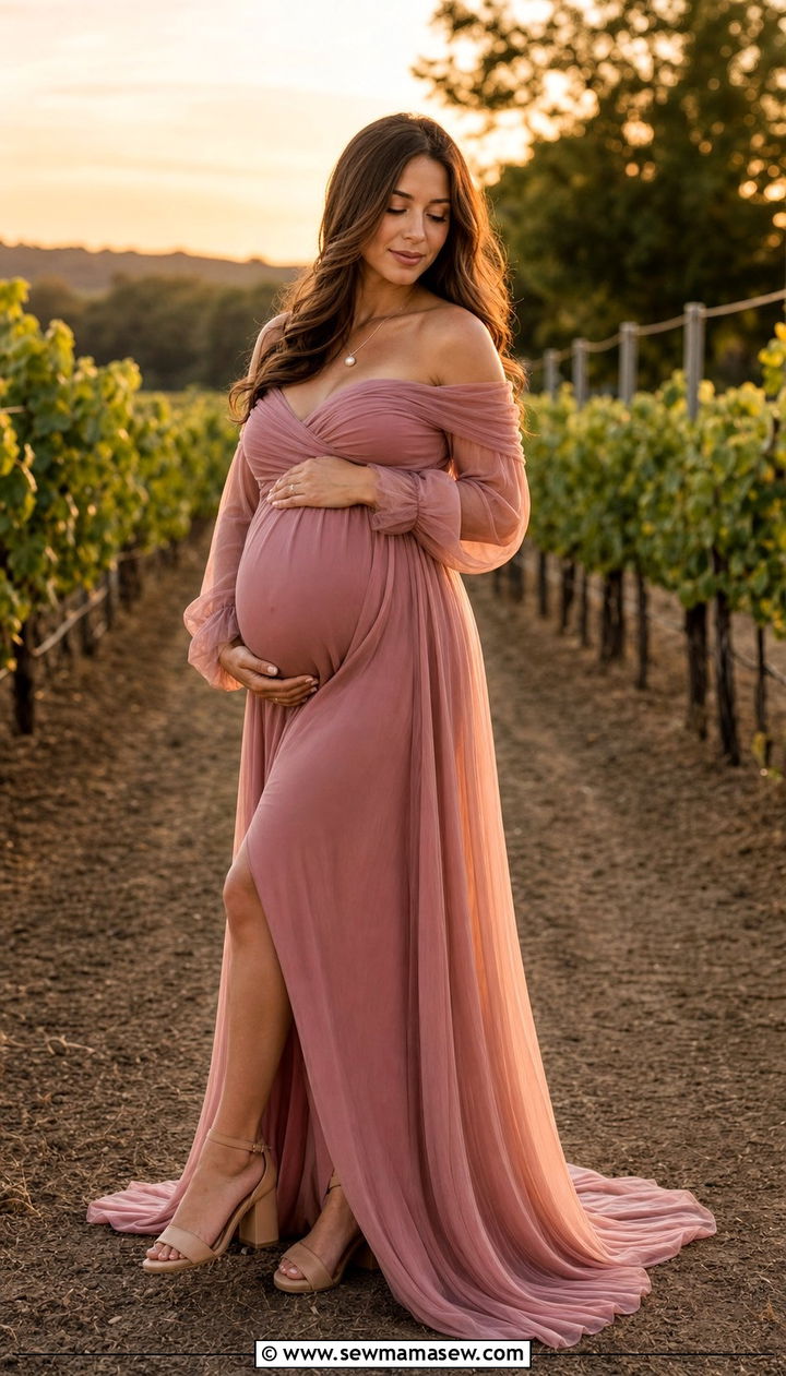 Dusty Rose Off Shoulder Gown Maternity Photoshoot - 25 Summer maternity photo outfits