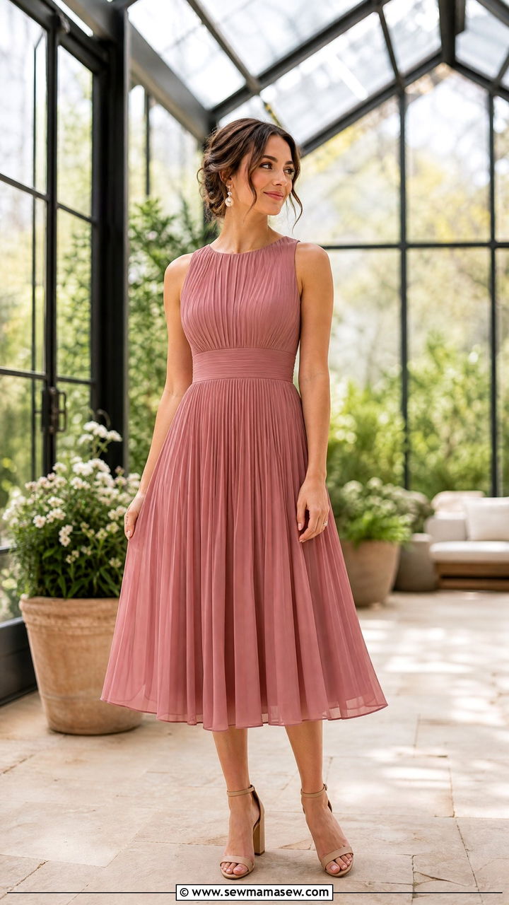Dusty Rose Pleated Dress With Pearl Earrings - 30 Festive attire wedding guest outfit ideas