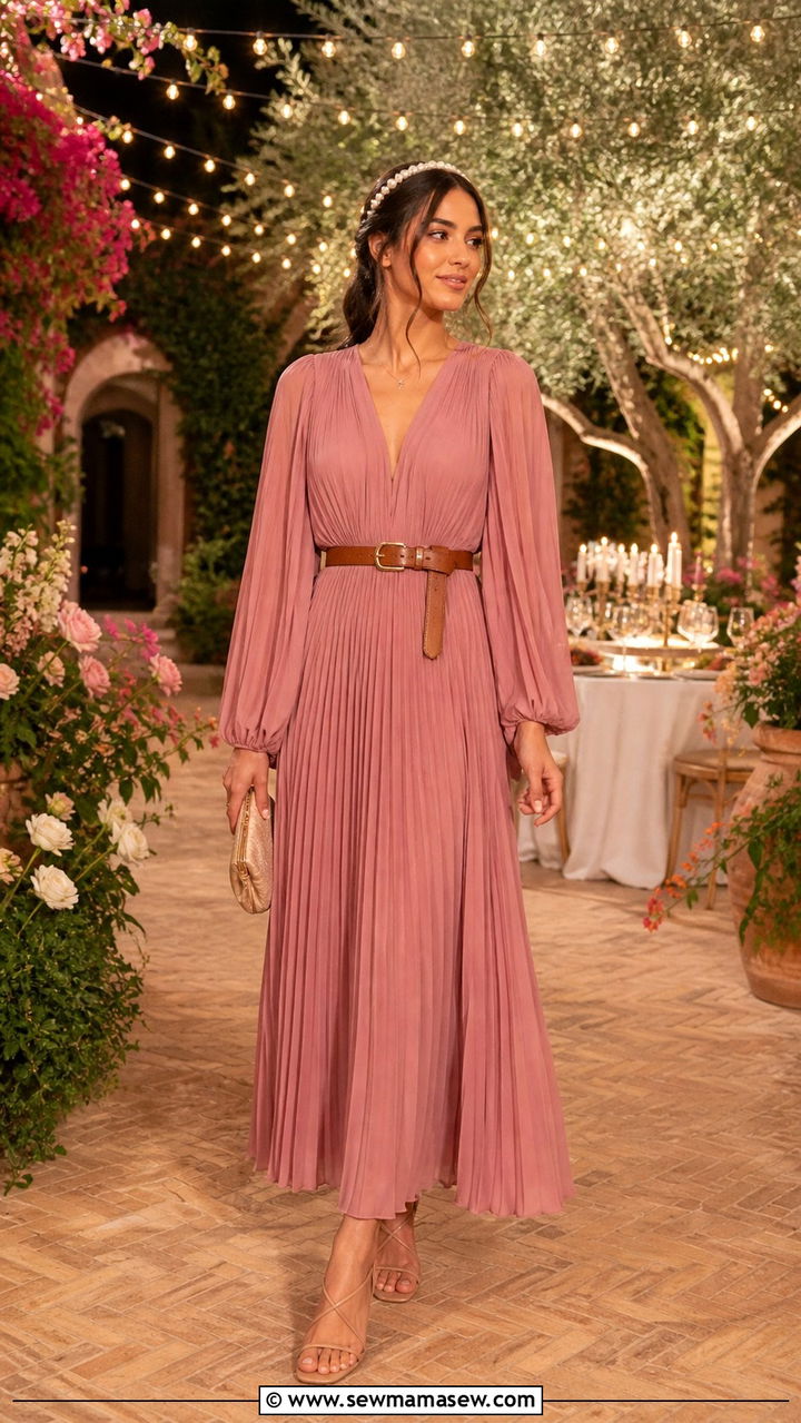 Dusty Rose Pleated Maxi Dress With A Thin Leather Belt - 40 Marrakech outfit ideas