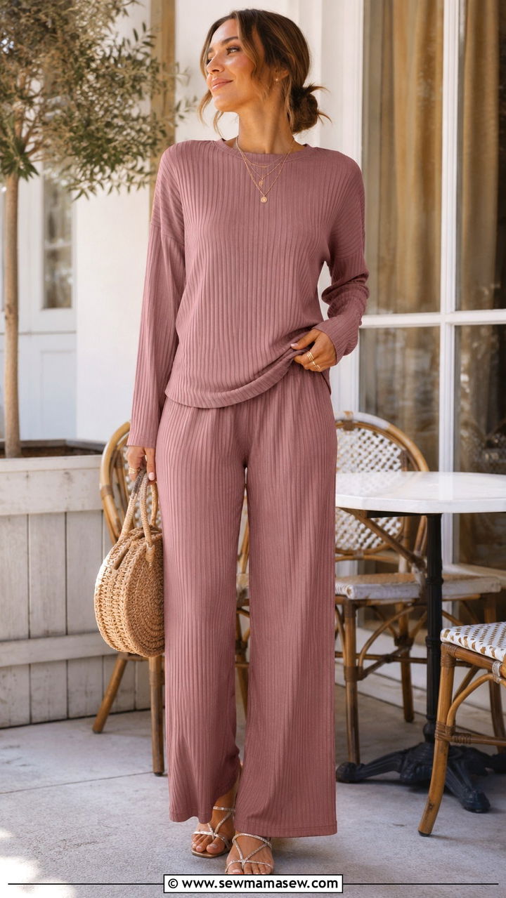 Dusty Rose Ribbed Lounge Set with Gold Accessories - 20 Ribbed loungewear set outfit ideas