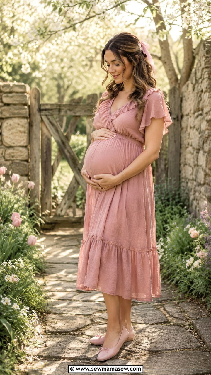 Dusty Rose Ruffled Midi Dress With Ballet Flats - 30 Spring maternity photo outfits
