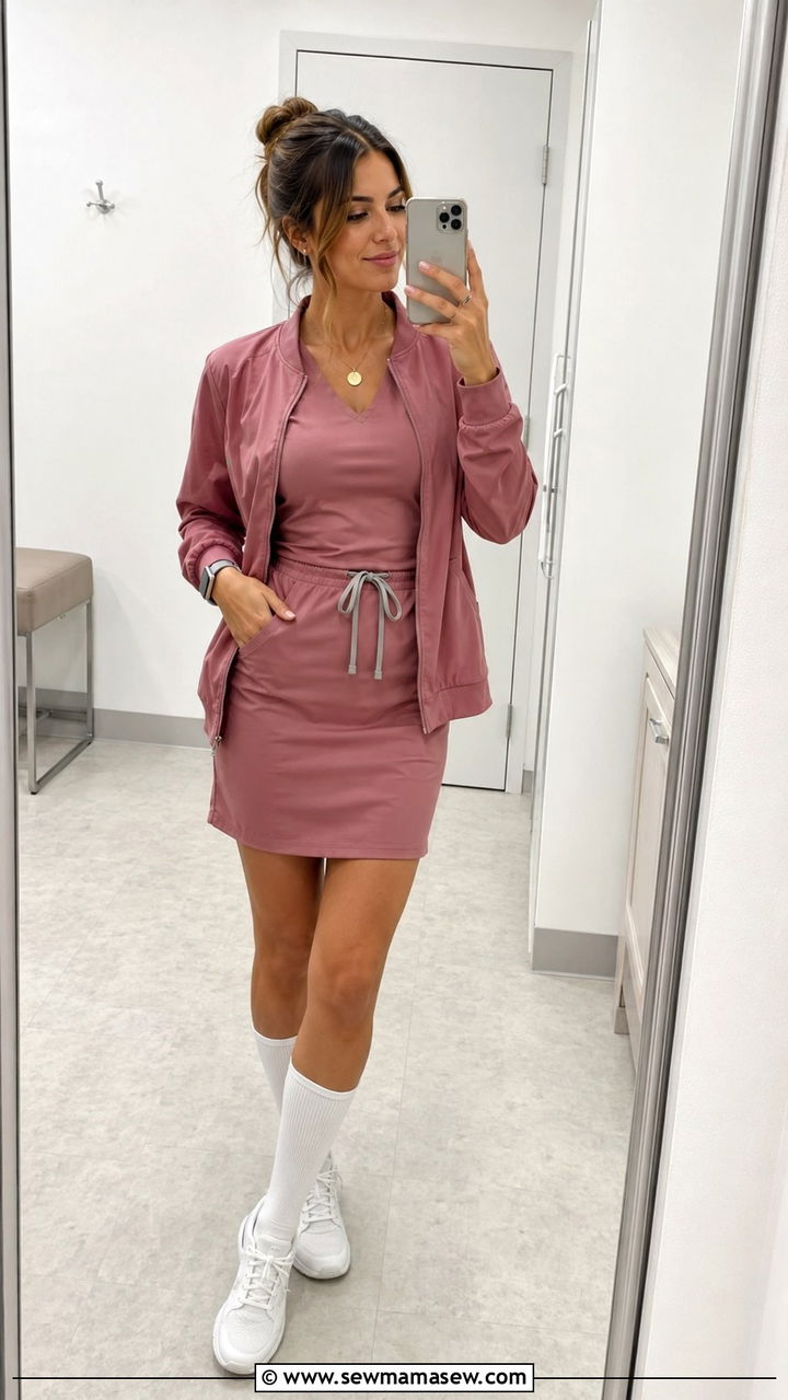 Dusty Rose Scrub Dress with White Sneakers - 30 Spring outfit ideas for nurse