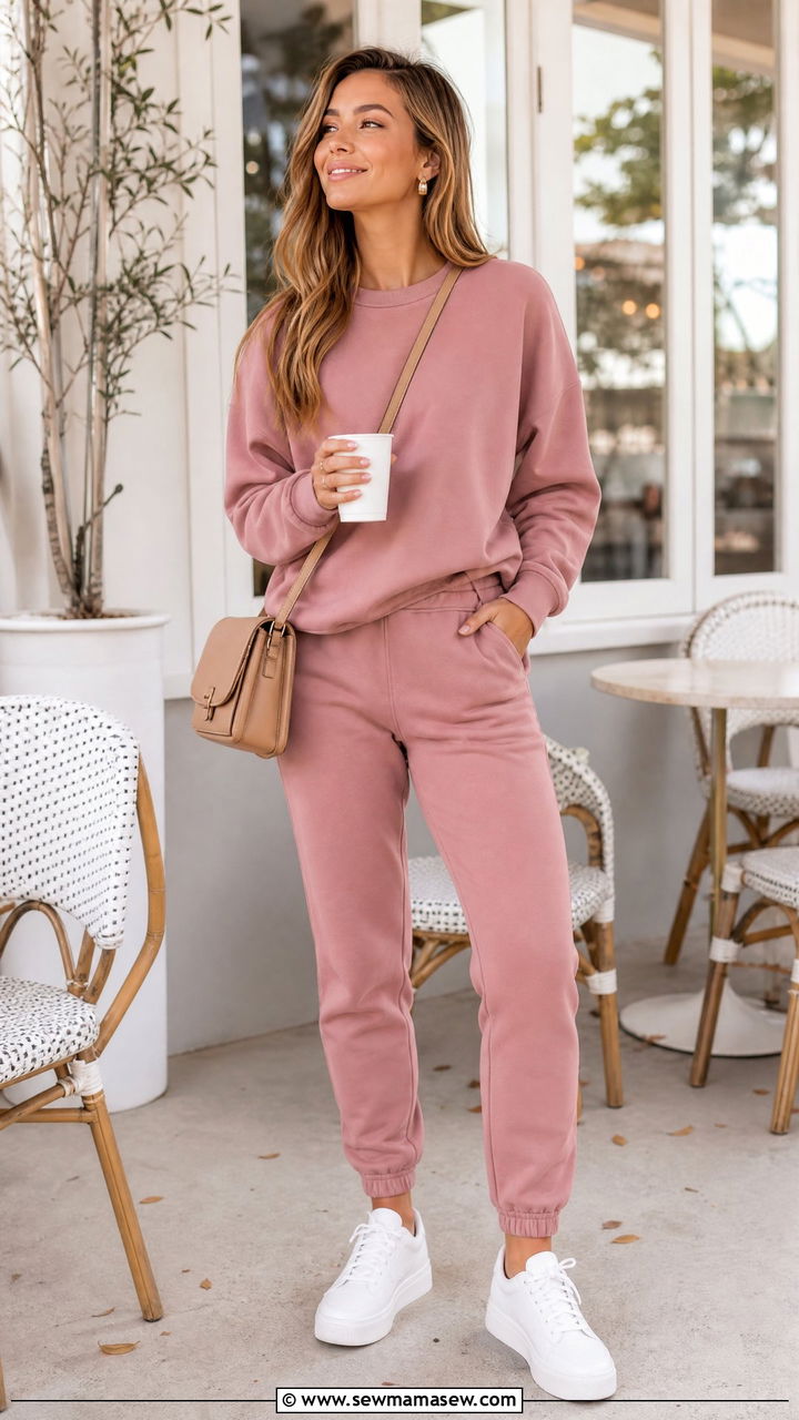 Dusty Rose Sweatsuit with Crossbody Bag - 25 Matching sweatsuit outfit ideas