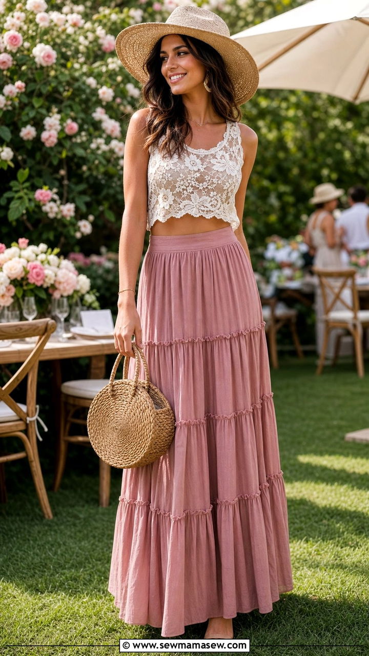 Dusty Rose Tiered Maxi Skirt With Sheer Lace Crop Top - 35 Boho spring outfit ideas 2026