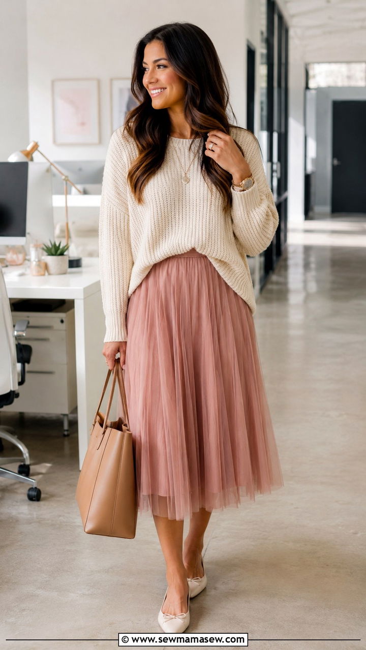 Dusty Rose Tulle Skirt With Cream Sweater And Pointed Flats - 25 Tulle skirt outfit ideas for work