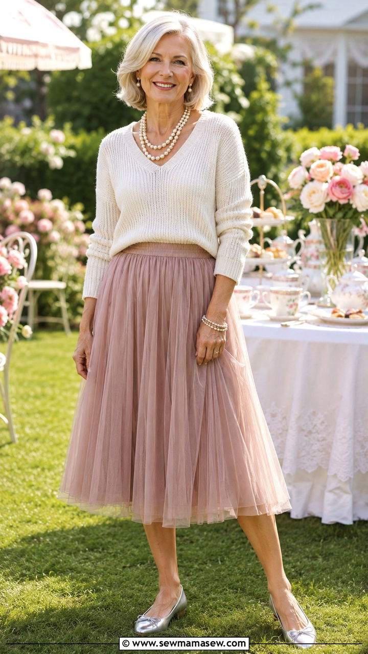 Dusty Rose Tulle Skirt With Knit Sweater - 25 Birthday outfits for women over 50
