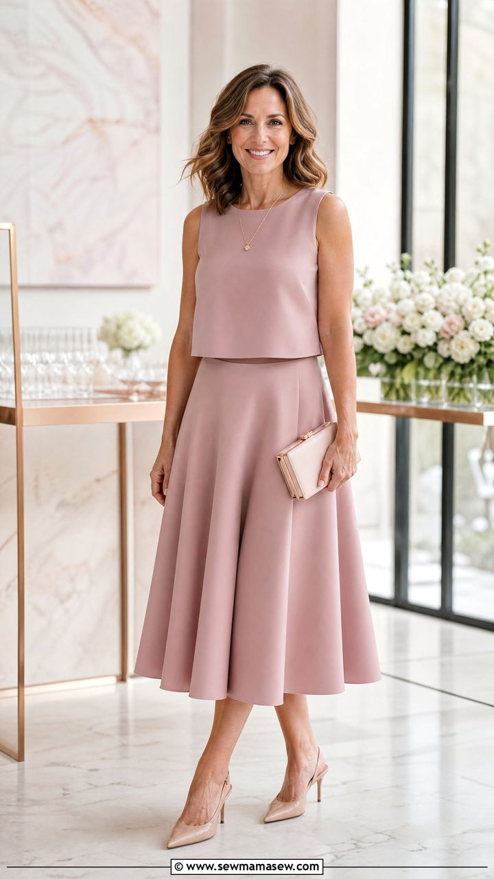 Dusty Rose Two Piece Set and Nude Slingbacks - 25 bridal shower outfits for women over 40