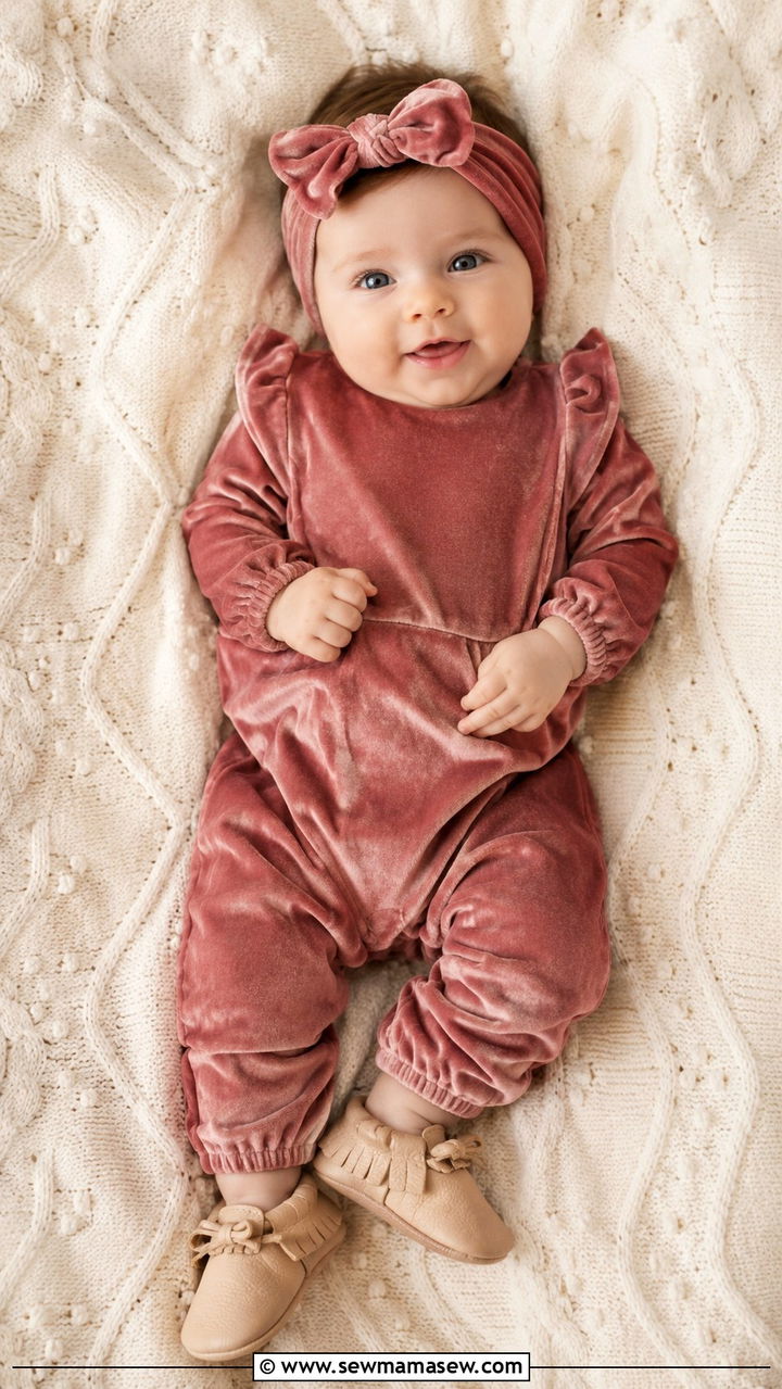 Dusty Rose Velvet Baby Romper with Headband Outfit - 30 Kids family photo outfits