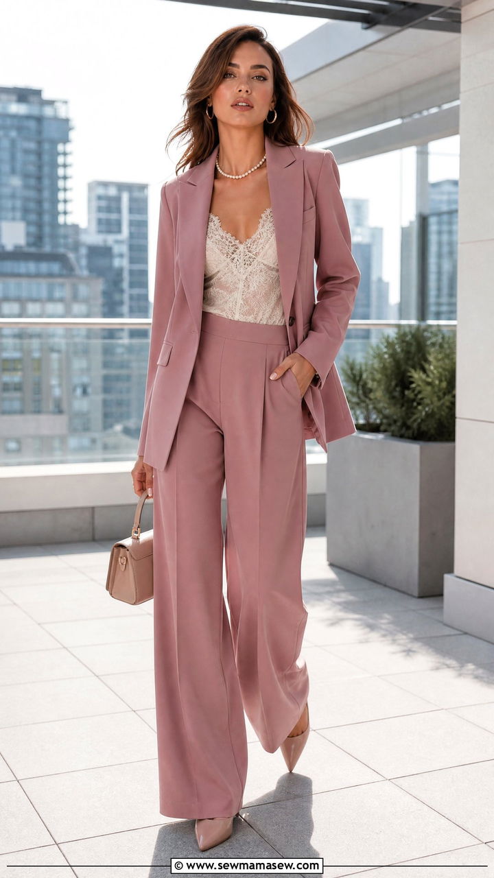 Dusty Rose Wide Leg Suit With Lace Camisole Outfit - 25 classy fairycore outfit ideas