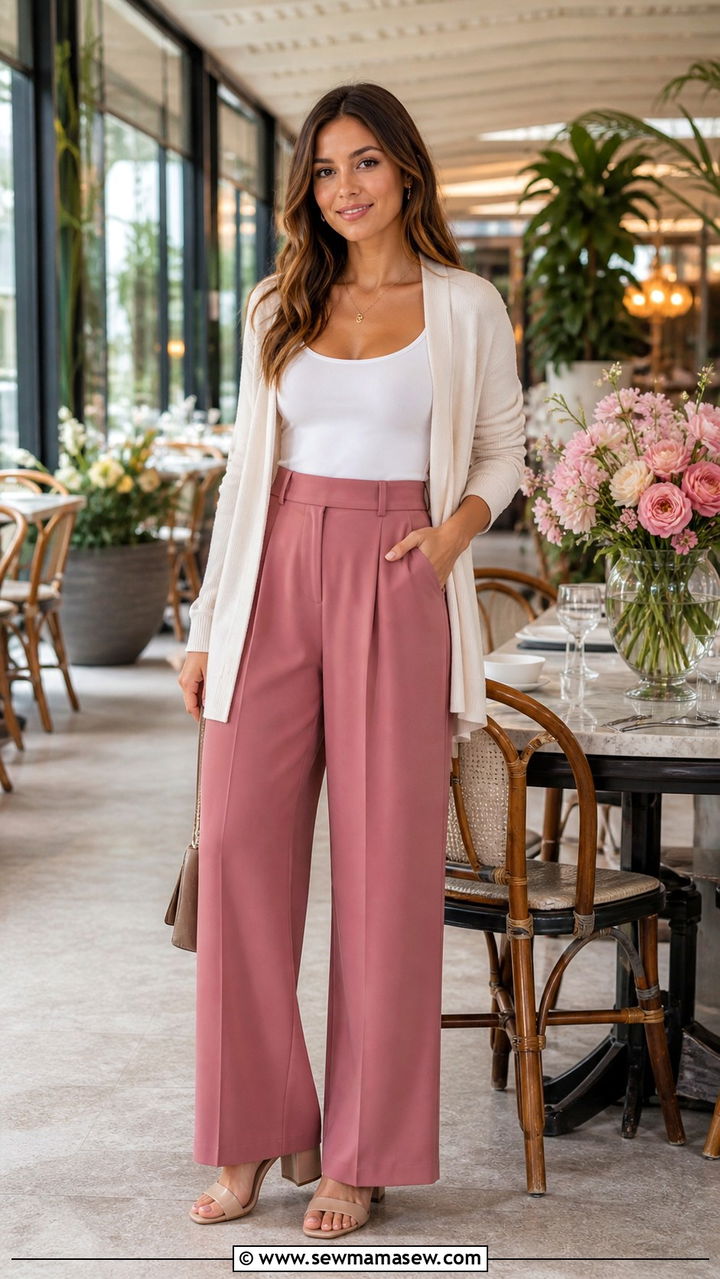 Dusty Rose Wide Leg Trousers with Tank and Cardigan - 40 Mother's Day brunch outfit ideas 2026
