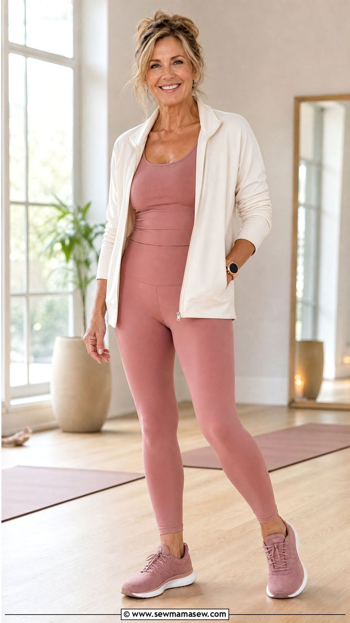 Dusty Rose Workout Set With Matching Sneakers Over 50 - 25 Gym outfit ideas for women over 50
