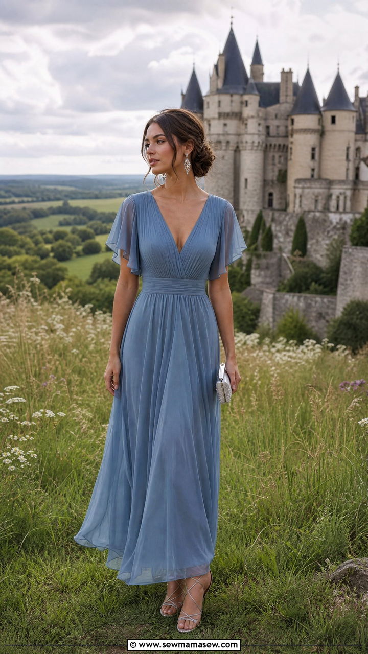 Dusty blue chiffon dress with silver accessories - 25 Castle wedding guest outfit ideas