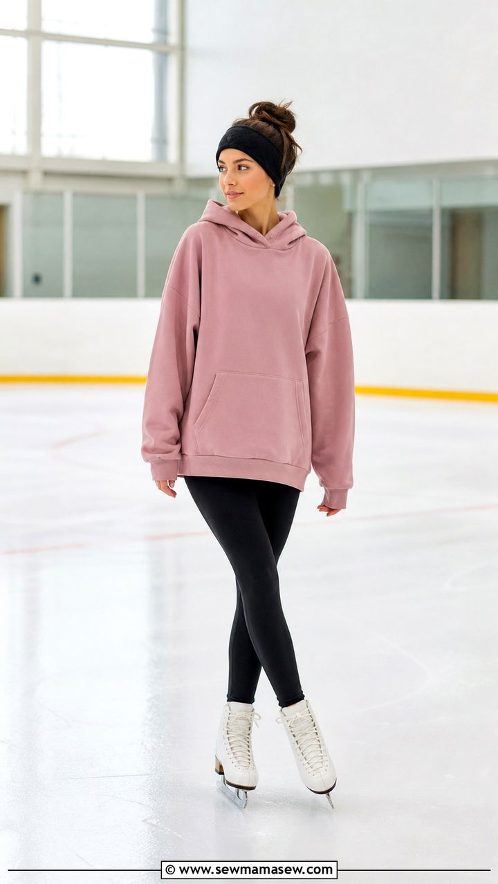 Dusty pink hoodie and black leggings figure skating practice look - 40 Ice skating outfit ideas