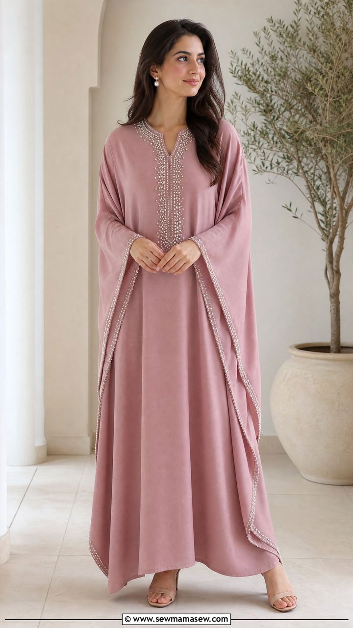 Dusty pink kaftan with pearl detailing - 25 Iftar party outfit ideas