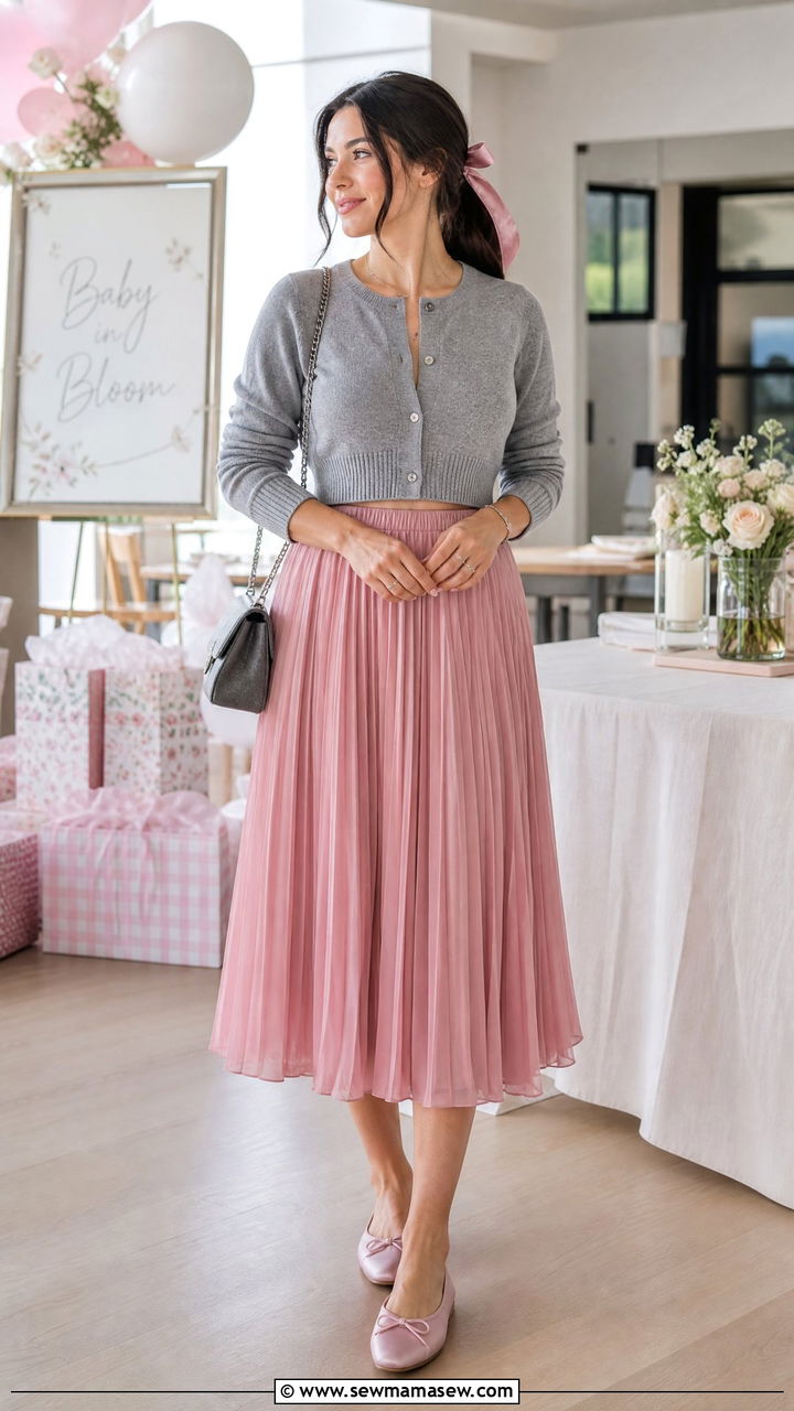Dusty pink pleated midi skirt with a gray cropped cardigan and ballet flats - 30 Pleated skirt outfit ideas with a crop top