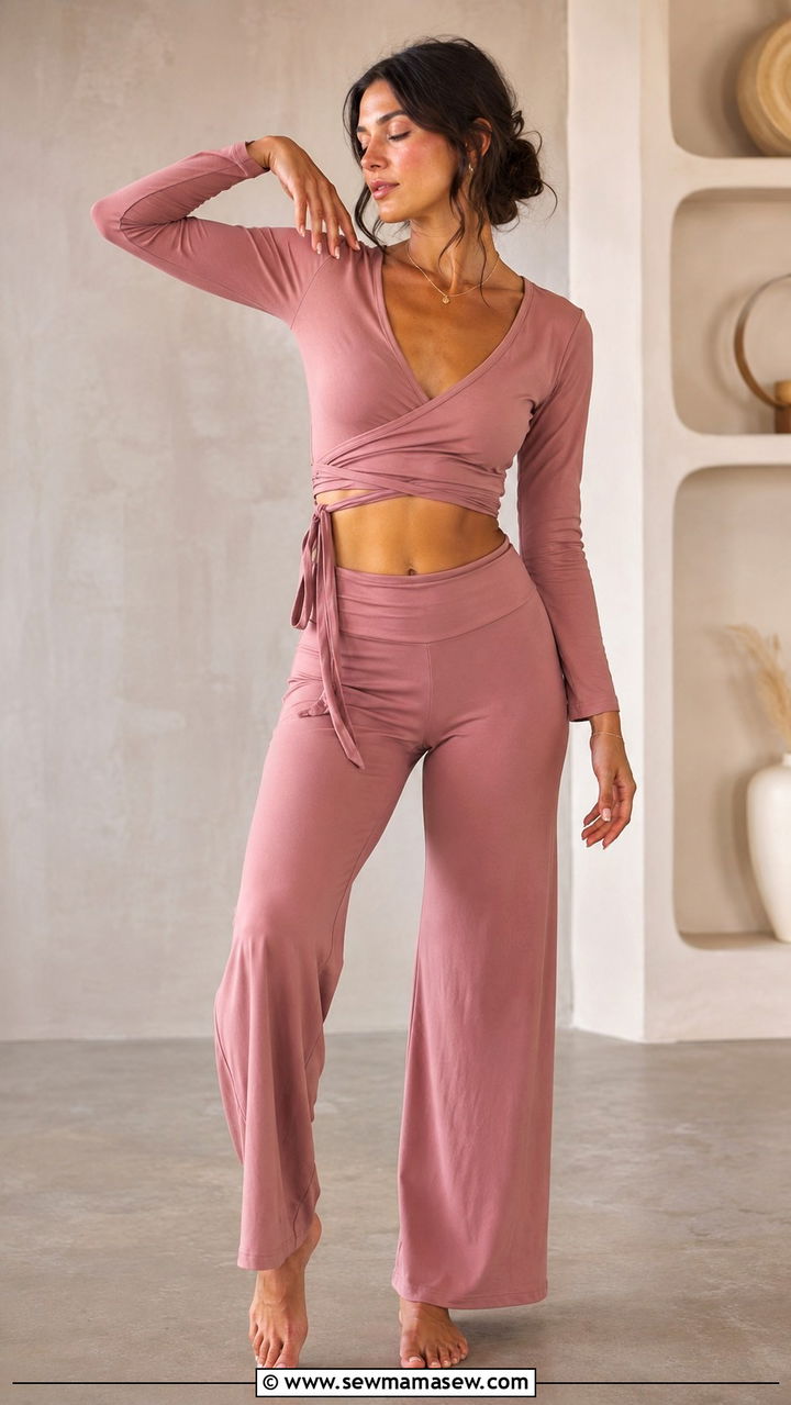 Dusty pink yoga set with wrap top - 25 Yoga teacher outfit ideas