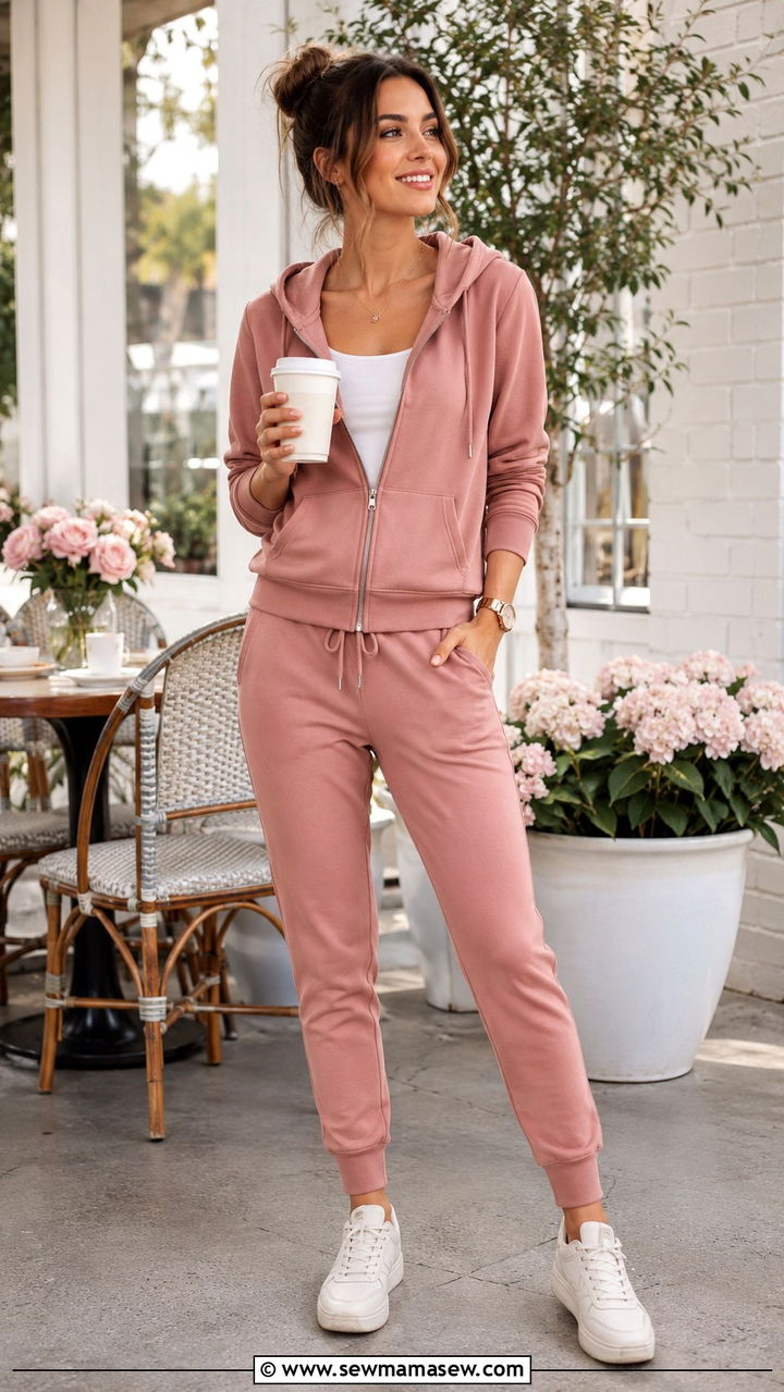 Dusty rose zip up hoodie with matching tapered sweats - 30 Loungewear outfit ideas 2026