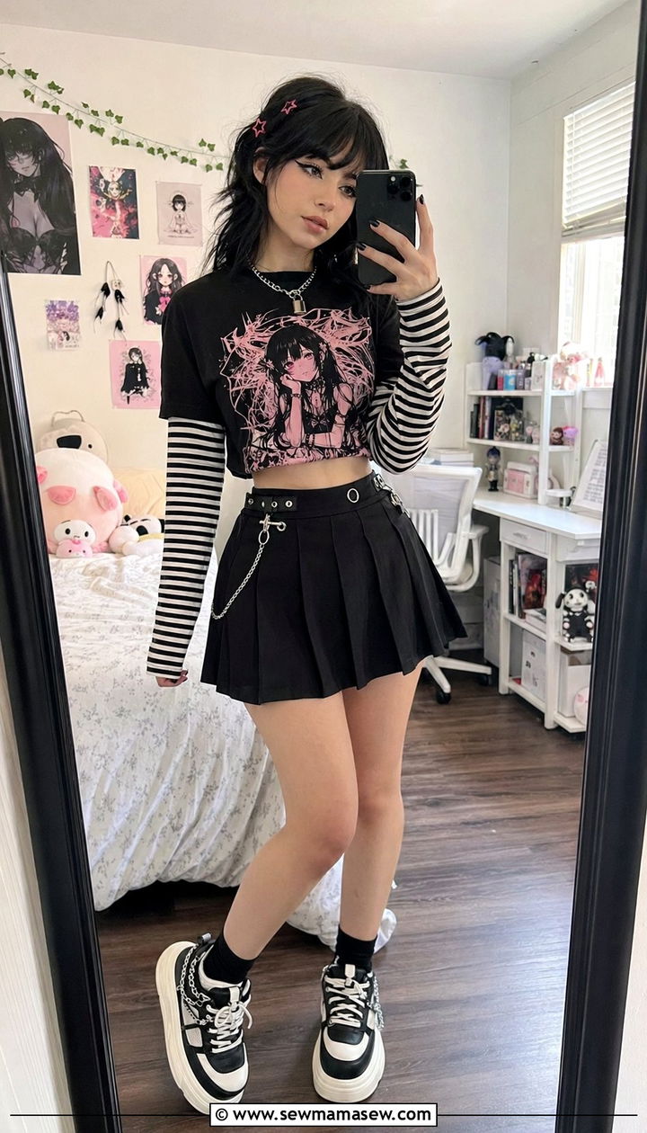 E Girl Striped Long Sleeve and Pleated Mini Skirt Outfit - 35 aesthetic outfits