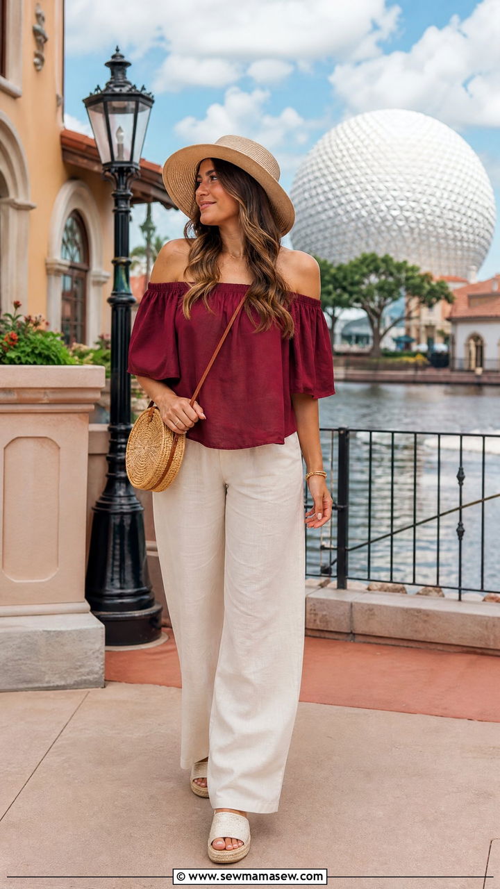 EPCOT Food and Wine Festival burgundy off shoulder top with wide leg pants - 30 Disney outfit ideas for honeymoon