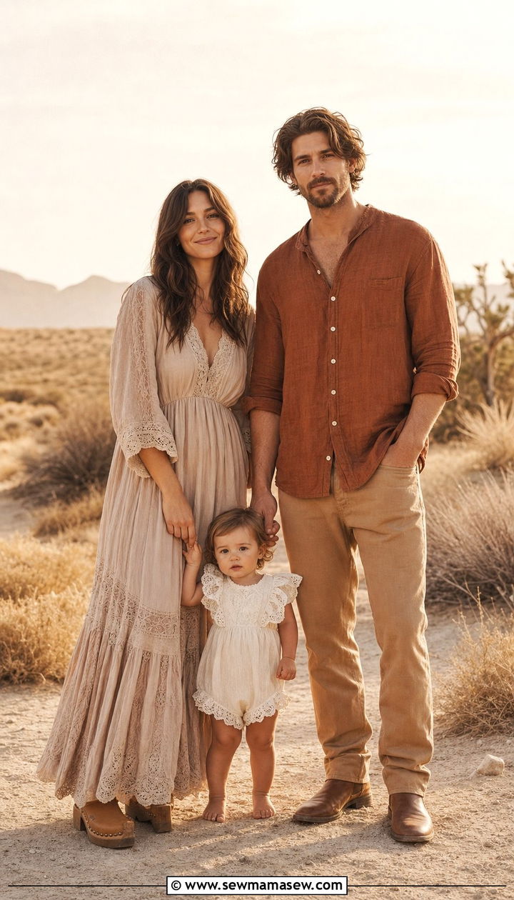 Earth Tone Boho Family Outfit With Toddler Lace Romper - 25 Family photo outfit ideas with toddler