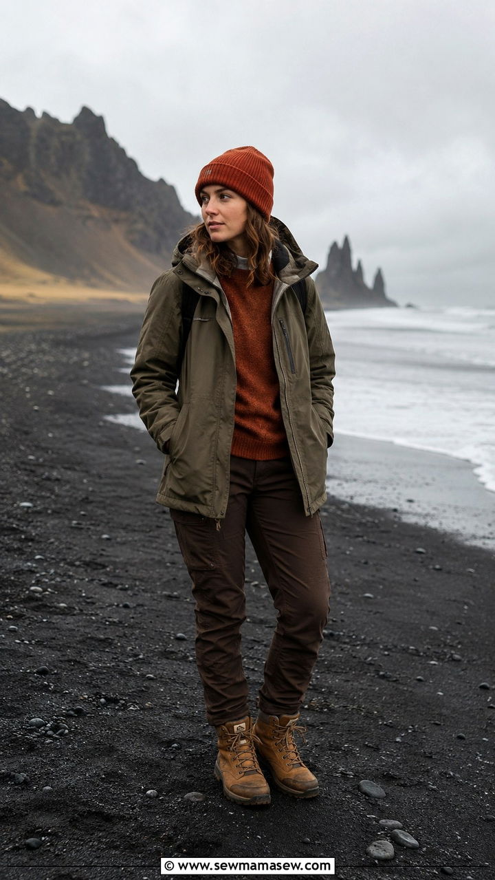 Earth Tone Layers with Olive Shell Jacket and Rust Beanie - 30 Iceland outfit ideas