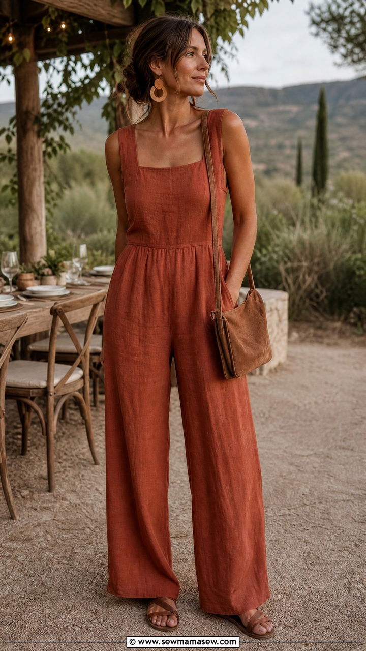 Earth Tone Linen Jumpsuit with Wooden Jewelry - 30 summer jumpsuit outfit ideas