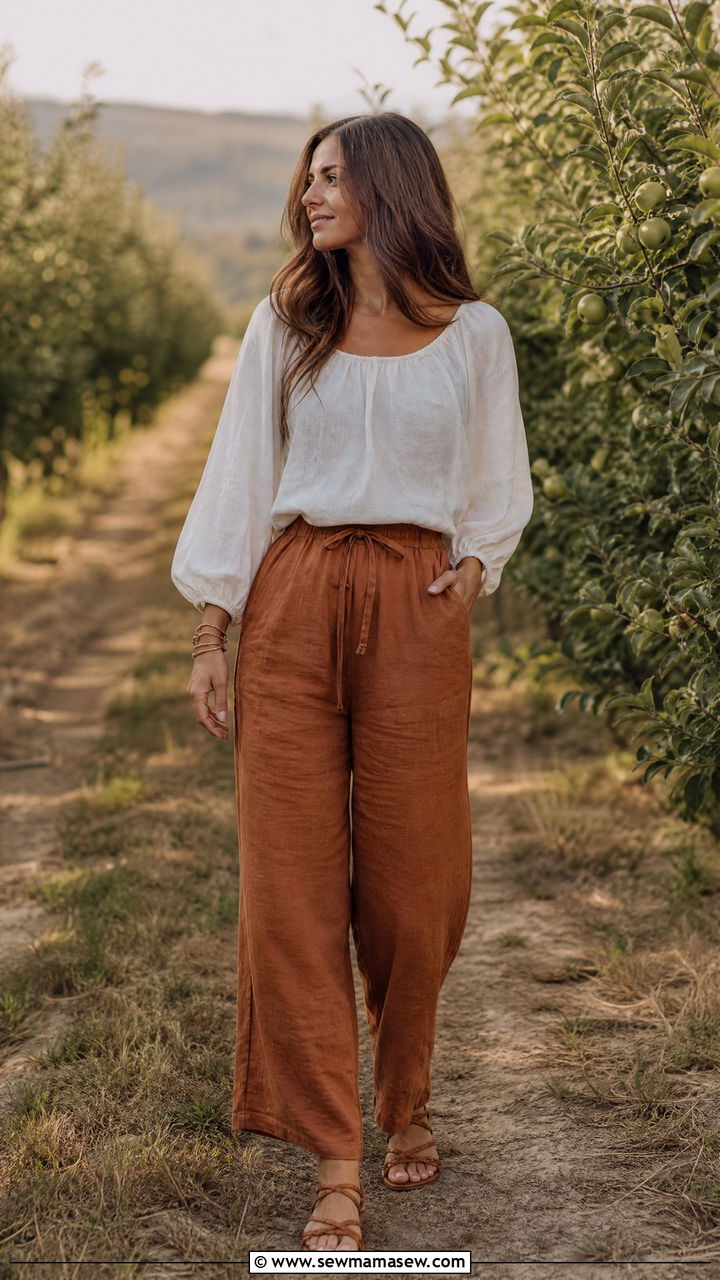 Earth Tone Linen Pants and Blouse - 30 family photo outfits for women