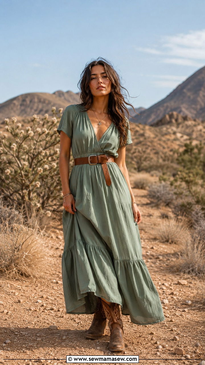 Earth Tone Maxi Dress with Distressed Cowboy Boots - 30 Maxi dress with cowboy boots outfit ideas