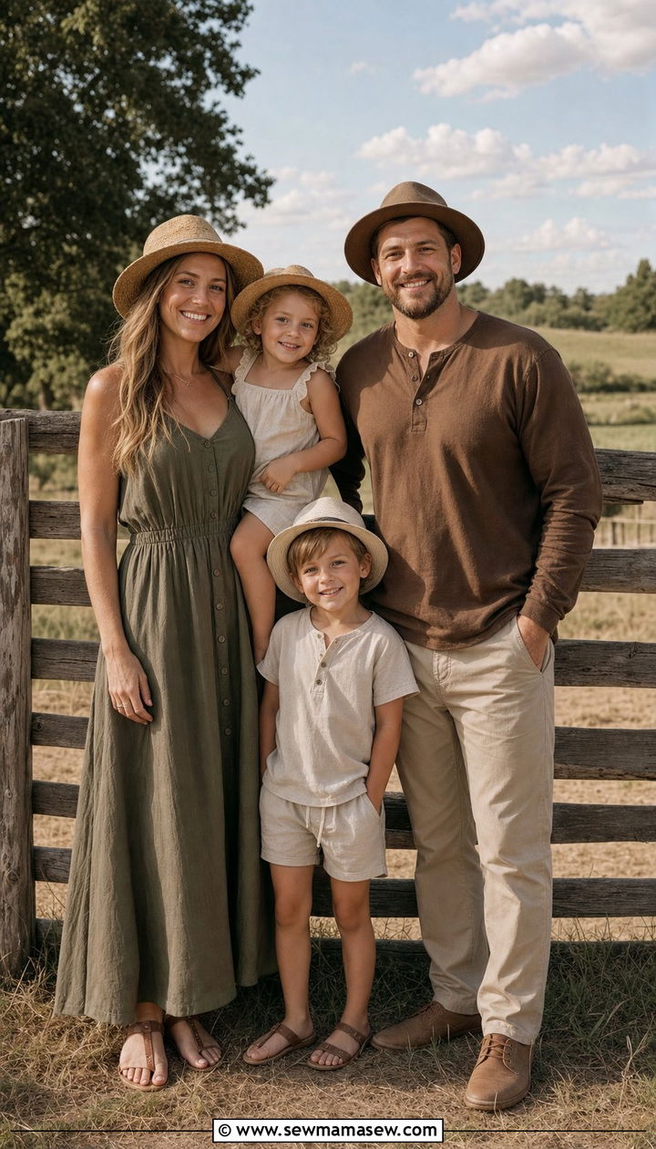 Earth Tone Summer Family Photo Outfits by a Rustic Wooden Fence - 25 Family photo outfit ideas summer 2026