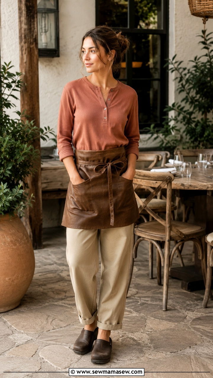 Earth Toned Henley With Relaxed Fit Trousers And Slip Resistant Clogs - 25 Restaurant server outfit ideas