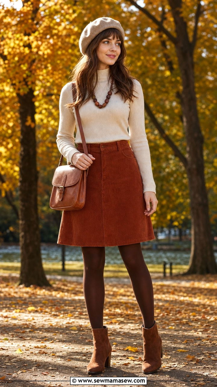 Earth tone corduroy skirt and knit top outfit - 25 fairycore outfit ideas for women over 40