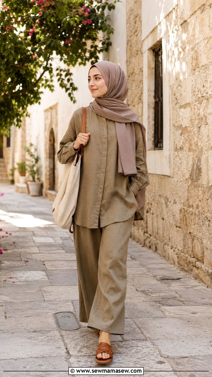 Earth tone linen co ord set and headscarf - 20 Modest outfit ideas for mosque visit