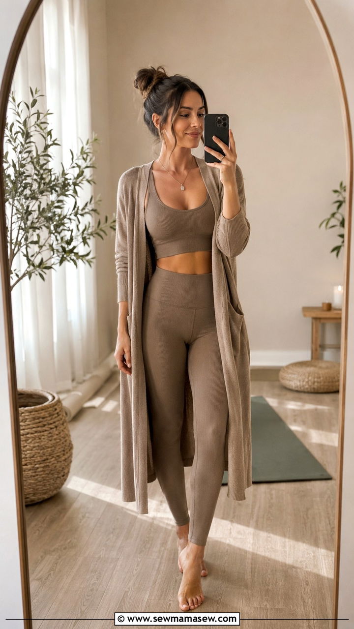 Earth tone matching yoga set with cardigan - 25 Yoga teacher outfit ideas