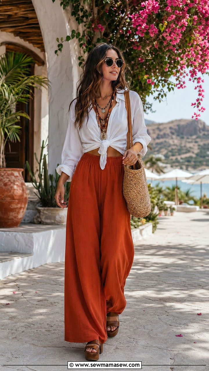 Earth tone palazzo pants with knotted blouse outfit - 35 70s inspired outfits