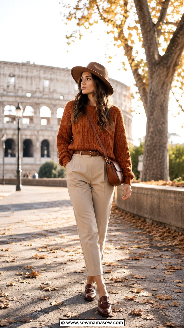 Earth tone sweater with cropped trousers Rome outfit - 25 Rome outfit ideas